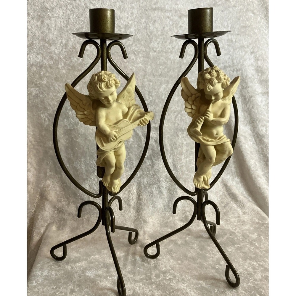Pair of Vintage Cherub Baby Angels Ceramic and Gold Tone Metal Candle Holders